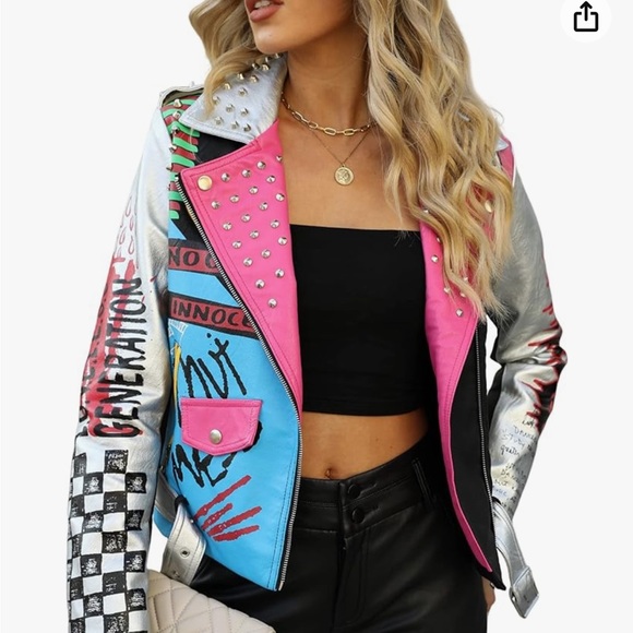 Bellivera Faux Leather Jacket Studded Rivet Floral Moto Biker Short Lapel Coat - Picture 3 of 9